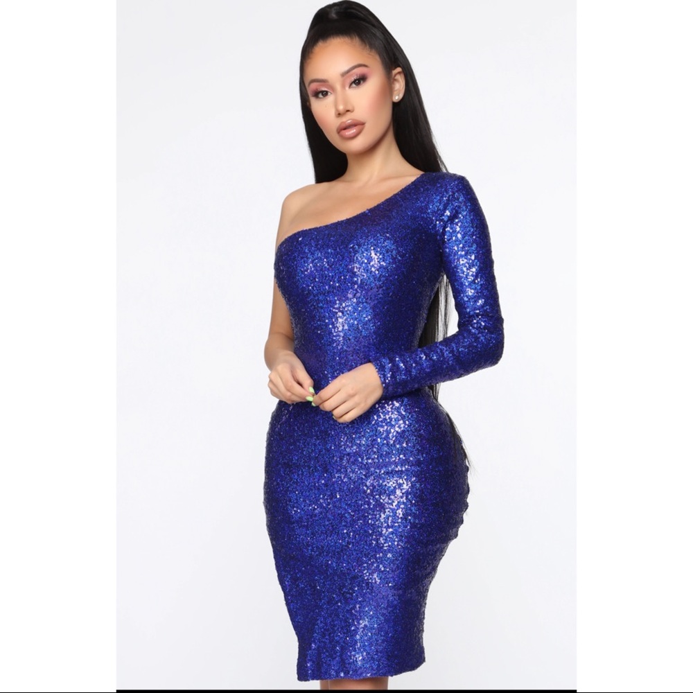 Sequin One Shoulder Night Dress With Slit